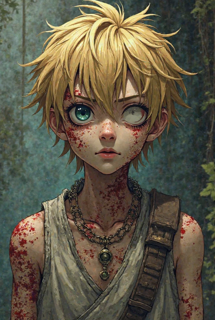 An 11-year-old slave boy in the 1500s, is portrayed with a look of anger and hatred towards society. He wears simple and torn clothes. your hair is blond , wavy and reaches the shoulders, falling out of alignment. one of the eyes is green and the other is brown. Your skin is pale and marked by scars, including a scar from a stab wound just below his left eye.The image captures the essence of her pain and resilience