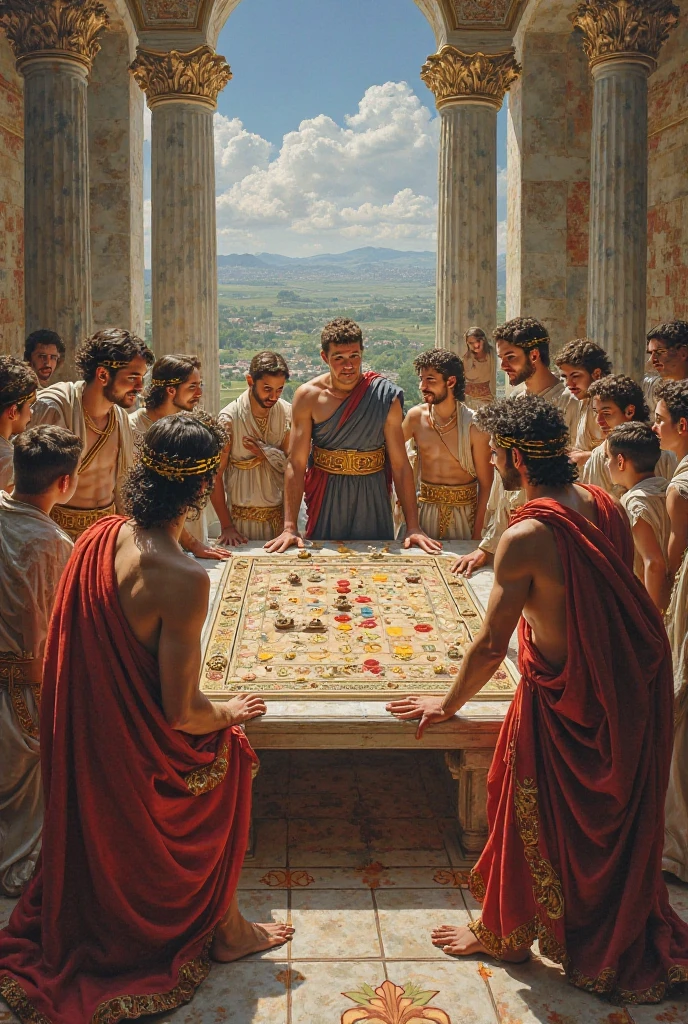 Create a Michelangelo-style painting depicting an epic chess match between God and the Devil. Detalhe os rostos severos e expressivos de ambos os jogadores, com rugas profundas e olhares intensos. Muscular and realistic bodies must intertwine in a mental struggle, while the chessboard is meticulously represented with pieces carved into ultra-realistic detail. Use dramatic shadows and lights to amplify the tension and emotions present in the scene, and add relevant symbolism to the plot of departure and the duality between the divine and evil --auto