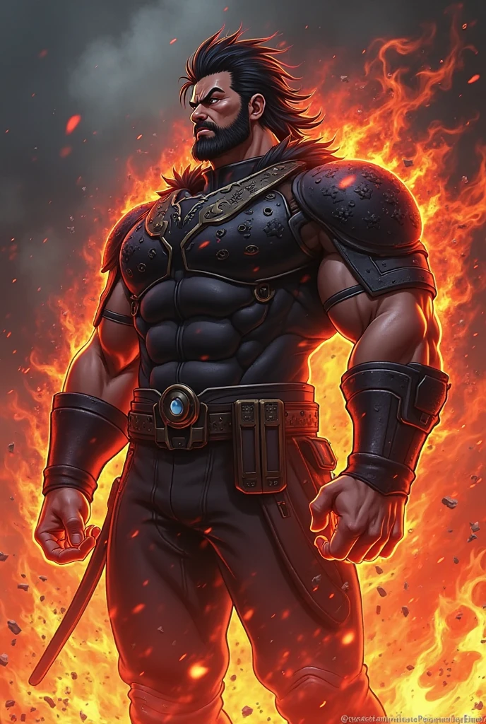 Super Mario, muscular and hairy, dirty, mean looking, agressive posture, wrench in hand, standing on street of ruined city, flames in the sky, dark fantasy