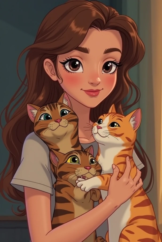 Nice fat white woman with long brown curly hair, small breasts big belly working on notebooks and 3 kittens playing on the keyboard, with tightly closed clothes, very accentuated curls in long hair