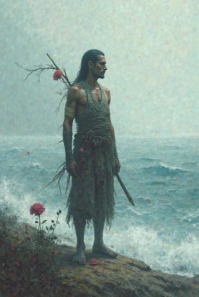 <lora:Waterhouse_paintings_model:1> painting by Waterhouse, man stranded on a deserted island, ripped clothes