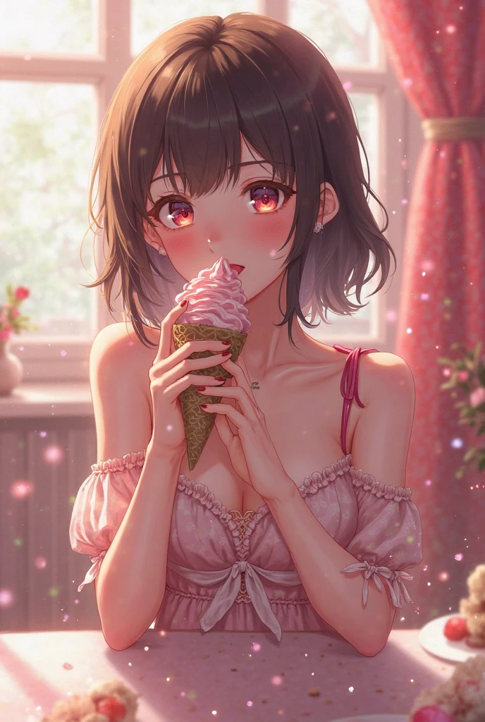 Mea kurosaki,Mea Kurosaki,Redhead,Long Hair,Long braids,Purple eyes,smile,Open your mouth,Black Tank Top,Black string underwear,barefoot,Sweat,Holding ice cream in both hands,Eating ice cream,Sitting on the sofa,whole bodyがイラストに入るように,
break looking at viewer, whole body, break outdoors, room, break (masterpiece:1.2), Highest quality, High resolution, unity 8k wallpaper, (shape:0.8), (Beautiful and beautiful eyes:1.6), Highly detailed face, Perfect lighting, Extremely detailed CG, (Perfect hands, Perfect Anatomy),
