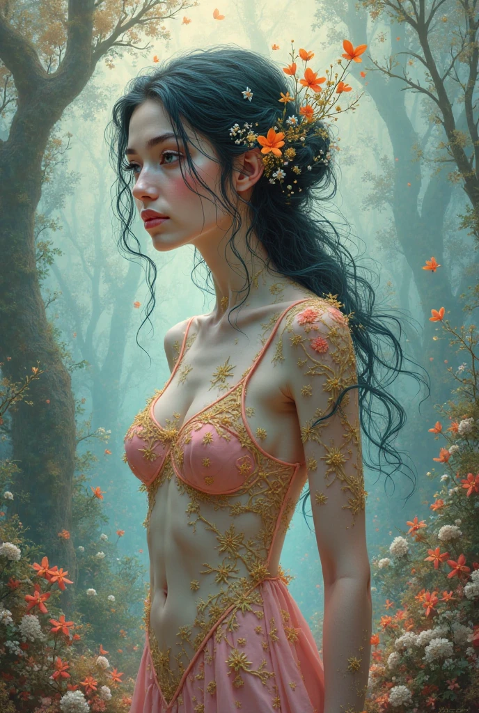 (masterpiece、highest quality、highest quality、Official Art、Beautiful and aesthetic:1.2)、(1 Girl)、Very detailed、flower、rose、Yuri、Sun Flower、Poppy、peony、Rhododendron、(Fractal Art:1.3)、colorful、Highest detail、Ancient Flower God、Fairy、Young girl、silk transparent dress、Show off your breasts、A kind smile、Sexual sexy pose、Green to yellow leaf vines used as hair、Cowboy Shot、nude、nude、No clothes、nsfw、Show the cat、From below、Depth of written boundary、original、 wallpaper、Flaxen Hair、magic circle、forest、Colorful leaves、long hair、Medium quartz tattoo on pussy、bright、