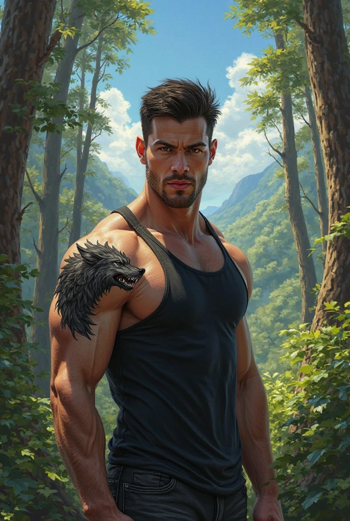 Full-body image, 8k, a masterpiece, the most detailed, highest quality, the perfect look. very realistic oil, Create adjustment, naughty man, suntanned, muscle, bouncing, Kale, gray wolf, (long hair:1.3), tenebrosa theme, dense forest, fullmoon, natta, tenebrosa,