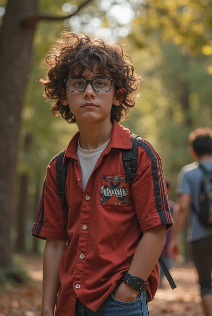 the boy with glasses faces back towards a wide grassland and there is a blue and cloudy sky