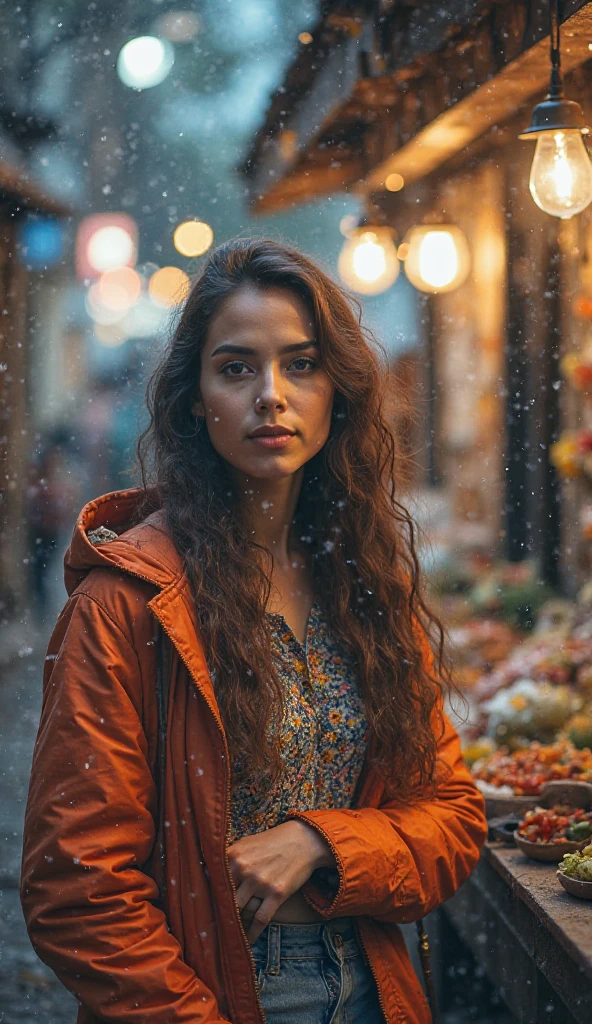 Pakistani feature girl, cover half with scarf, wear Pakistan designer frock, white color, big hazel green eyes, night view, rainy , Karachi night, brown straight long hairs, full body , slim smart , beautiful smile, realistic , enjoying night,