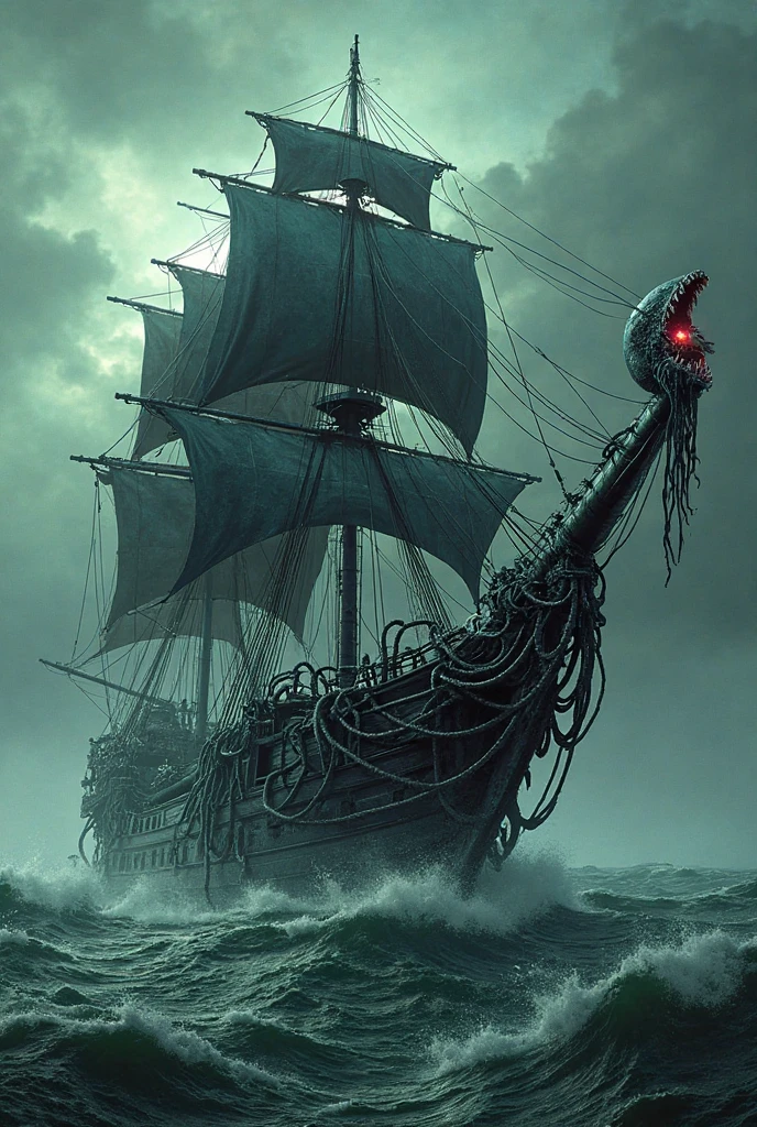 As a ghost ship, the Silent Mary was more like a wreck than a working ship. It looked worrisome because the sails were torn, but sailed at a godless speed, and the hull almost rotted up to resemble a large floating thoracic cage. Dark clouds gathered behind the ship, although the rest of the sky was clear. Salazar’s ship was like a sea monster, from which no pirate ship could escape, for its hull opened up like the mouth of a huge beast, then tearing its prey and drowning it.
By the time the Silent Mary became a ghost ship, the gangways and their guardrails collapsed in several places and were no longer usable, forcing the crew of the ship to cross directly to the main deck. The ship’s prow, located under the beaupré, showed a woman holding a spear. Like many other Spanish ships of the time, the Silent Mary had a Howler-Billed mast at the end of the Beaupré.
With her keel, bottom and lower decks almost entirely destroyed, her exposed members to the weather and many boards broken or missing, her sails in rags and all her mast broken, the Silent Mary was no more than a wreck. Under normal circumstances, any ship with such extensive damage would sink when it hits the water. However, defying the laws of physics, the Silent Mary continued to sail like a normal ship in sailing condition, even though it was more of a skeleton than a ship. Now a terrifying specter, she has become the main tool of Salazar’s revenge. Using his magic, Salazar could easily bend the bow of the ship to the rear and open the ship’s girders like the jaws of a giant sea monster. He then crushed the Silent Mary on the deck of an enemy ship, breaking it in half, while the Silent Mary, protected by Salazar’s magic, and despite its decrepit appearance, was apparently indestructible. Another aspect of the ship’s hull that could be transformed by Salazar’s will was the ability to animate the figurehead into a living, massive and apparently sensitive wooden monster that attacked enemies.