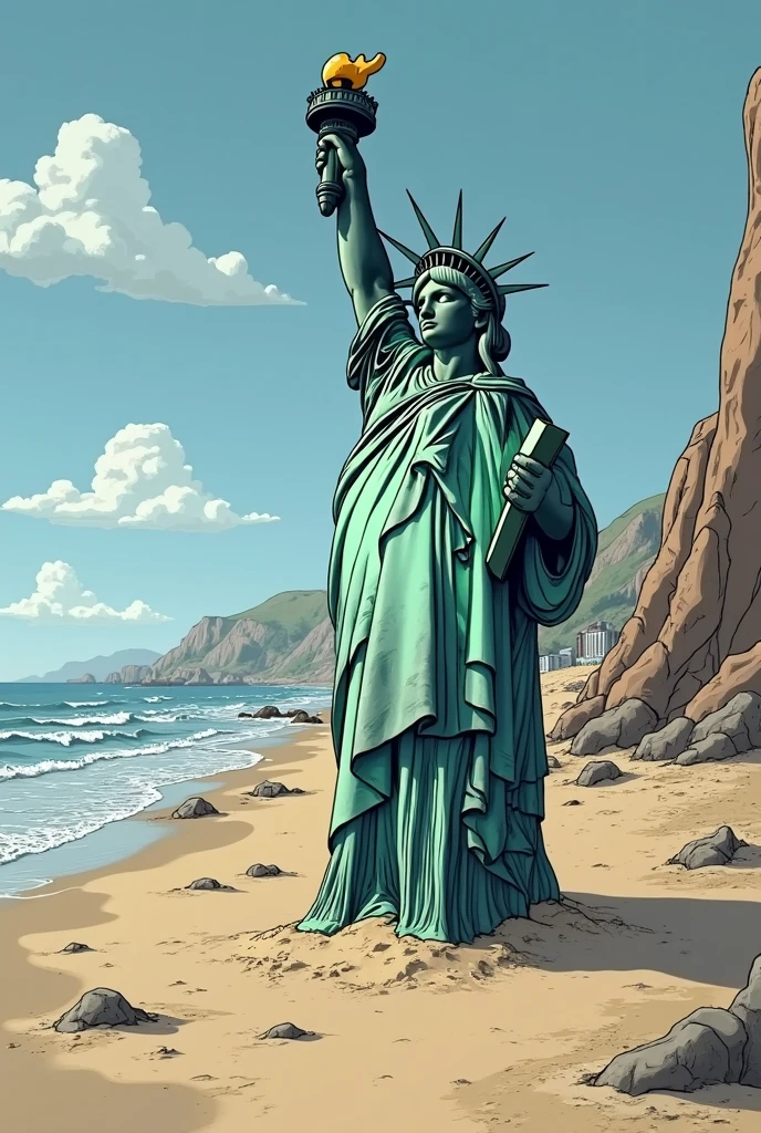 (((masterpiece))), (((best quality))), (((seaside))), (((Statue of Liberty sand sculpture))), ((from behind)), ((bend over)), ((head down looking down)), ((holding a shovel)), bikini, red chiffon jacket, sea, wind, beach, solo, 1girl, kneeling, cleavage, (((big tits))), collarbone, sweat, ribbon, black updo hair, open mouth, shy, blush, slim figure, <lora:girllikesandsculpture:1.2>