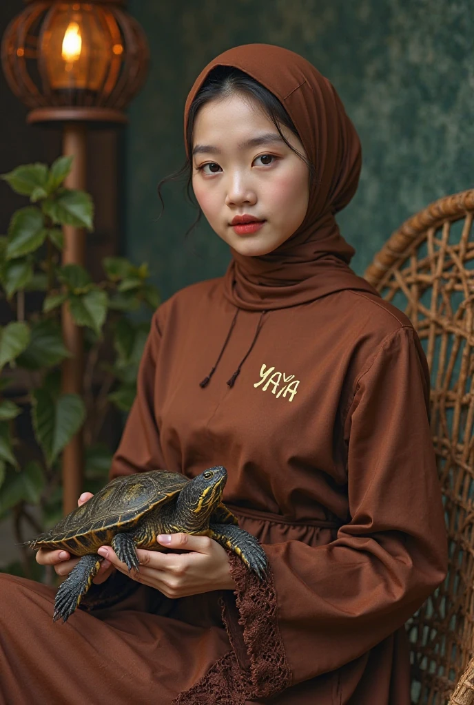 Beautiful Korean girl with smooth white skin. Well-groomed face, red hijab with an arowana fish pattern, red knit hoodie decorated with arowana fish, black cargo pants, cool watch, sitting in a luxury car smiling faintly facing the camera, in the middle. middle. The background is a large luxury house, there are roses blooming in pots, the photo is original and realistic