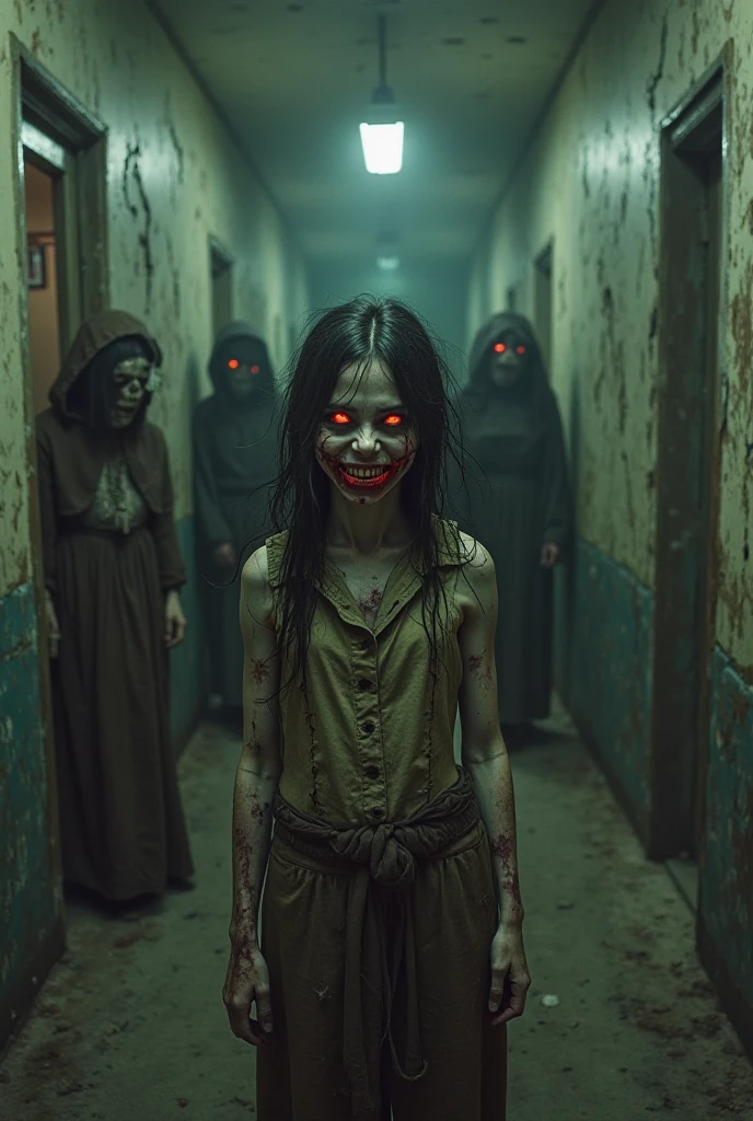 a group of creepy children with pitch-black eyes, horror, in a dark street near homes, creepy fog in the background (best quality,4k,8k,highres,masterpiece:1.2),ultra-detailed,(realistic,photorealistic,photo-realistic:1.37),HDR,UHD,studio lighting,ultra-fine painting,sharp focus,physically-based rendering,extreme detail description,professional,vivid colors,bokeh,dramatic lighting,chiaroscuro,dark shadows,dramatic atmosphere,clutter,cobwebs,dark wood furniture,dramatic pose,eerie and creepy expression, full black eyes