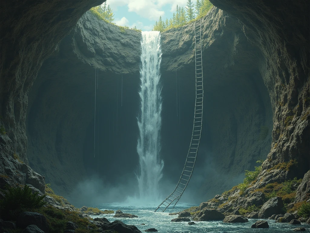 I see From the bottom of a large very deep well that has a small waterfall or waterfall ,  You can see a ladder that allows you to climb to the exit of the well