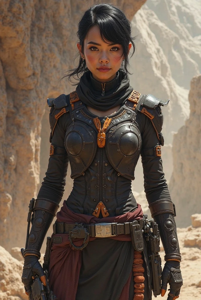 masterpiece, top quality, 1 female Samurai solo, (desert | punk: 1.1), Spacesuit | Football Shoulder Pads : 3.1) Samurai helmet, cape, Lantern pants, clay, Dirty braids, two samurai swords, Wide-fitting clothes,, 4k, ultra detail, hdr,