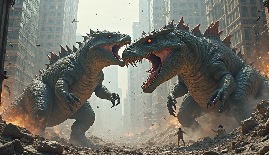 diy1,Godzilla and Kong in power clash, Godzilla's giant wings and sharp claws, Kong waving a huge rock, magnificent battle near skyline, Godzilla's destructive power, Kong's unwavering toughness, city ruins as battlefield, Godzilla's volcanic fume attack, Kong's deft use of tools, clash of their powers, Godzilla's atomic breath, Kong's brave close combat, Godzilla diving from high above, Kong's steadfast gaze, city trembling under their battle, Godzilla's intimidating presence, Kong's fighting strategy, contrasting momentum, Godzilla's roar, Kong's aggressive stance, greatest clash between heaven and earth