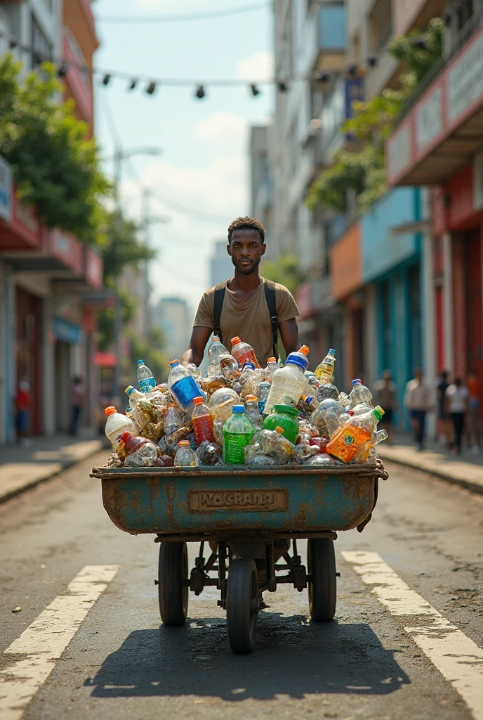 A African boy make bottles of coca cola make a car