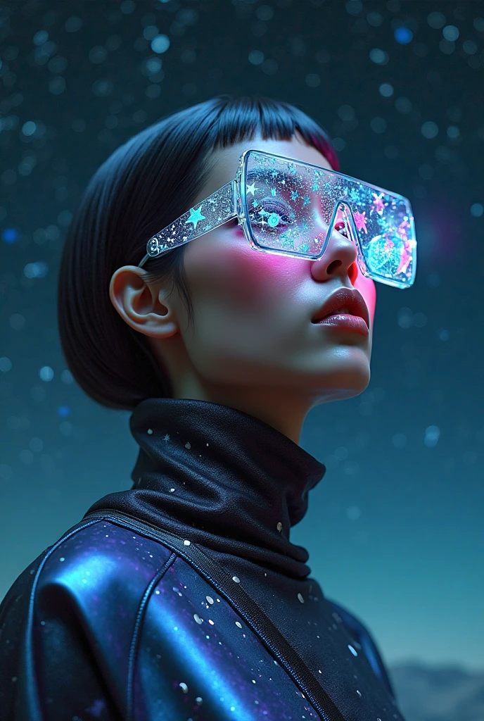 The model wears glass sunglasses with stars and the moon in the glass