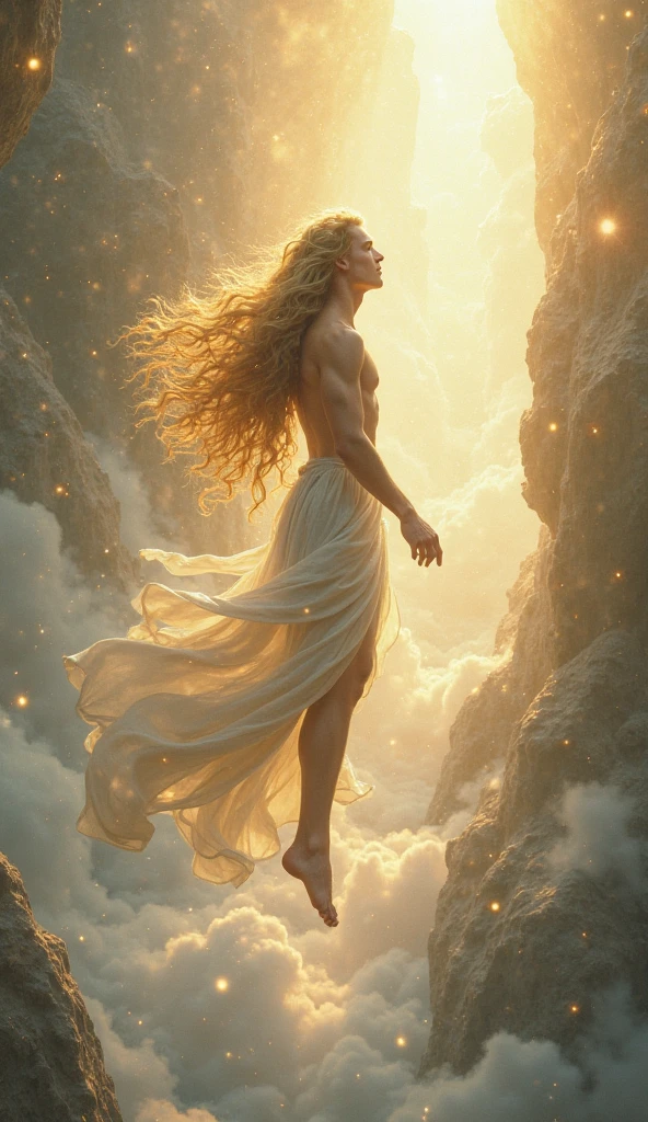 Male figure with half blonde and half brown hair, transforming into a divinity emerging from the ground and ascending to heaven 