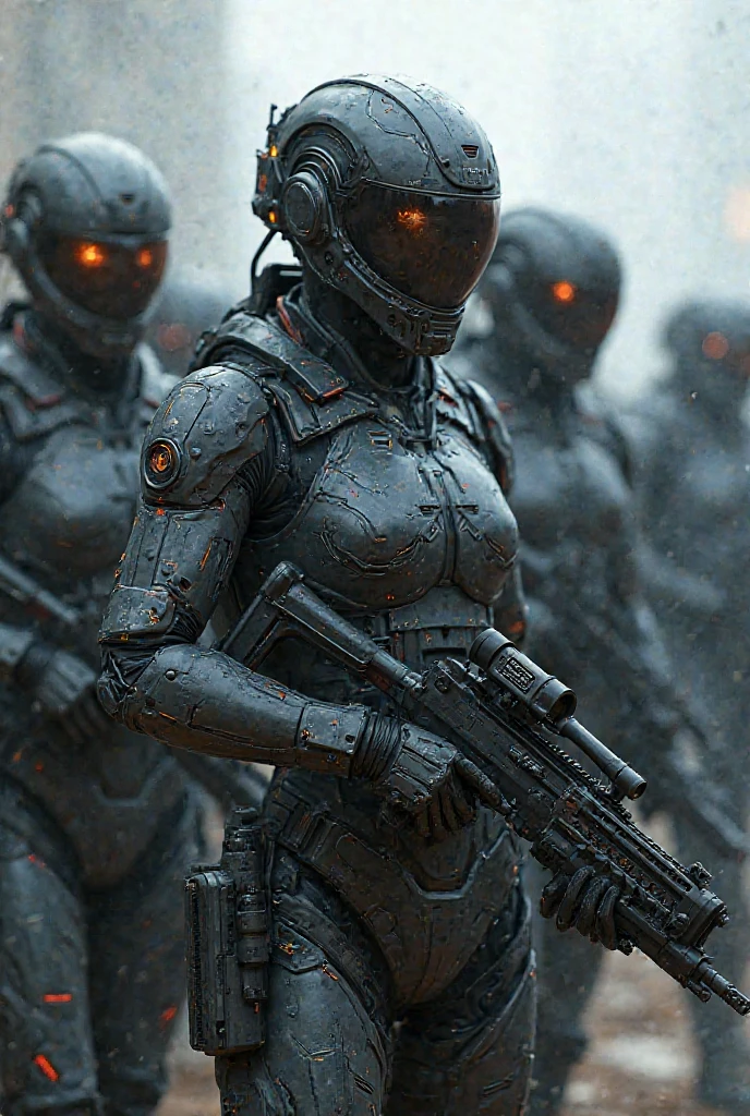 Close-up of a ((fox-spirit warior)) , half human, half wolf, their faces partially obscured by military helmets. Their eyes are filled with sadness and longing. The background is a trail of blood and violence. SHe wears a mechanized robot armor, carved with animal elements, human skulls. The sky is filled with swirling, fiery clouds. The photo conveys a strong sense of the warrior's appearance.
