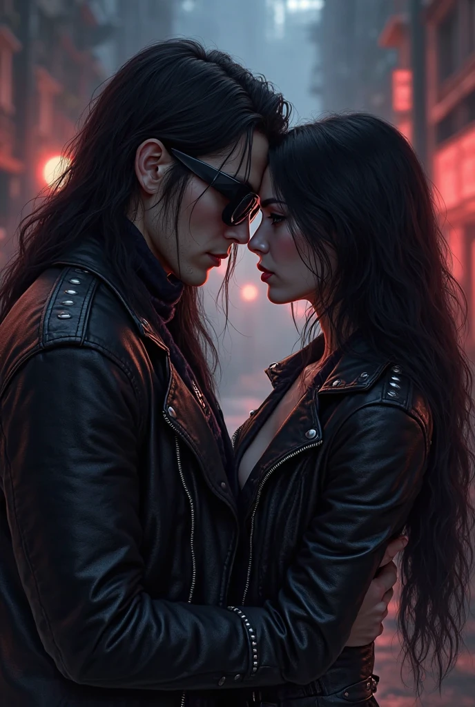 Man (johnny depp) kissing woman (Kate Beckinsale). She has fair skin, very smooth and fine, extremely long black hair. He has strong arms and is wearing futuristic black pants and a transparent tank top. She is wearing an attractive futuristic black and red vinyl jumpsuit, cyber-punk, gothic style. Rave, DJ, Party, eletronic music, music, Colored lights, city lights. (with incredibly intricate, ultra-detailed, CG, 8k wallpaper-like, both long black hair), (masterpiece), (realistic), (photorealistic: 1.2), (raw photo: 1.2), (best quality: 1.2), (detailed face: 1.4), (beautifully detailed eyes: 1.2), (elaborate hair), face illuminated by light, enormous file size, dramatic cinematic lighting. --auto --s2