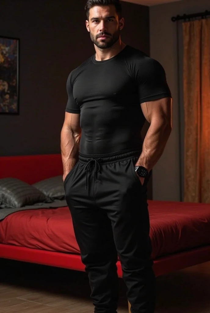 Authentic style,一个强壮的Fitness coach走进房间,Walking posture,Fitness coach,白色Vest,Looking at the camera,There are chains around the neck,40-year-old Asian man image,Canine,Tiger Teeth,Looking at the camera,Slobber,Place your hands behind your body,beard,Vest,Wet clothes,A kind expression,Kind uncle,A polite greeting,Black short hair,Very short hair,(Fat-encapsulated muscle),Mermaid line,Loose work shorts,Dirty pants,(There is a huge King Oyster Mushroom in my pants),Leg hair,Thick body hair,Black body hair,Leg hair,cloth shoes,toe,Sexy men,full-body shot,Real person photos,Correct anatomical shape of the limbs,indoor,daytime,Full body shot,Upward camera angle,Fine skin texture,Soft Light,Low contrast images,Highest quality,4k quality,