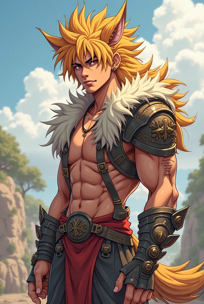 Create a fantasy image of a blonde, well-endowed barbarian warrior in a loincloth, sitting in a field of colorful flowers with a black tower in the background, absurd, high resolution, ultra-sharp, 8K, masterpiece, looking at the viewer,(((from below)))