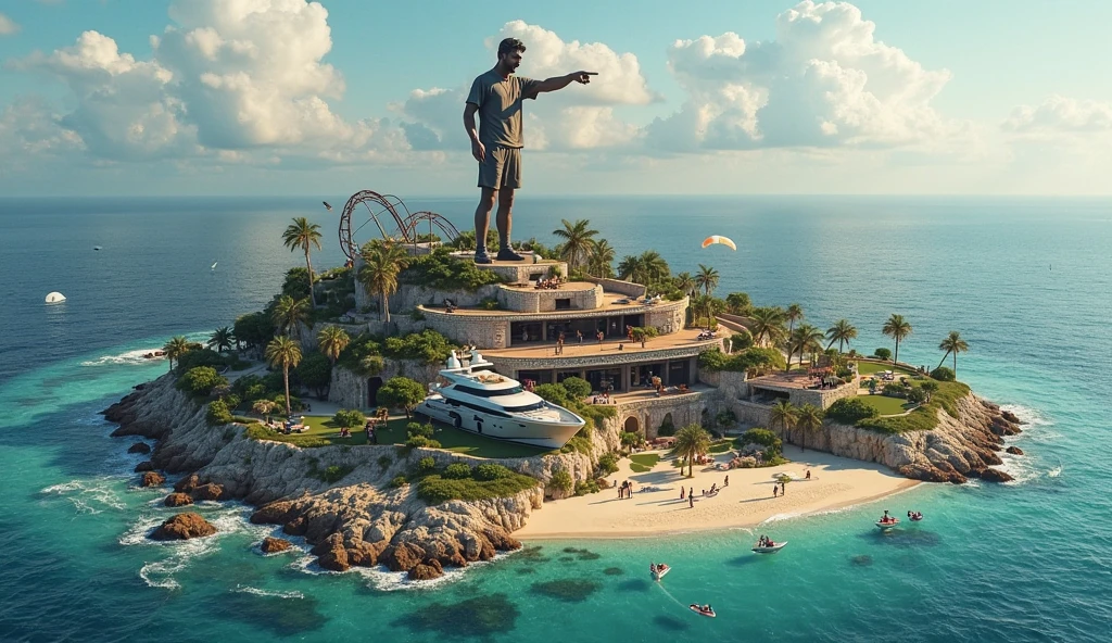 8k image, super realistic, One Giant Muscle Colossus of Rhodes All in bronze, looking at camera with legs spread on two rocks and the sea passing between your feet, holding one sword of Conan with his right hand, with gladiator armor on ful body, with head gladiator armor, perfect face, perfect hands, at the entrance to the port of Santos in the country Brazil, with naked womans on the beach, with perfect seagulls flying in the background, boats passing between the legs of the Colossus of Rhodes. Sunny day.