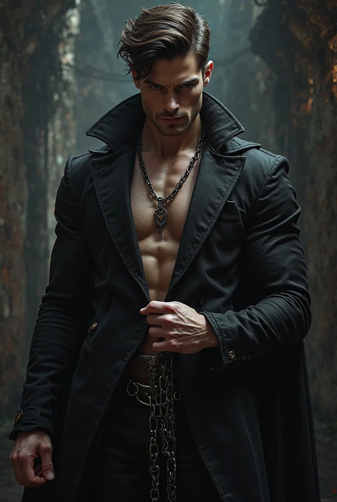 masterpiece, the highest quality, (focus alone), (Perfect face: 1.1), (attention to detail: 1.1), dramatic, (an attractive wizard with black hair and purple piercings), I can see your abs with belly hair,handsome,,short hair
