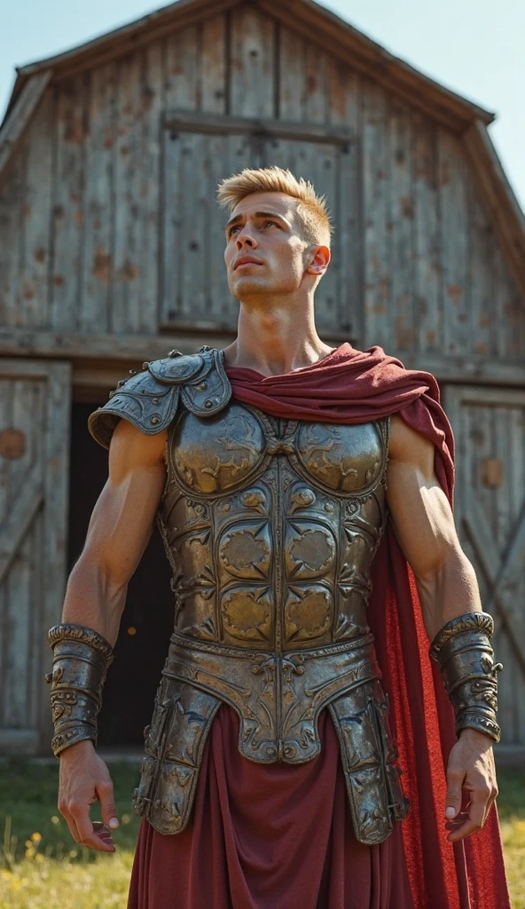 Ancient Rome. Muscular, with a carefully shaved face, without beard or mustache, handsome, in battle armor, blond centurion of the Roman army, 45 years old. He fucks in the ass a red-haired slave boy, 16 years old, poorly dressed, who is in love with him. . There is joy and pleasure on the centurion's face