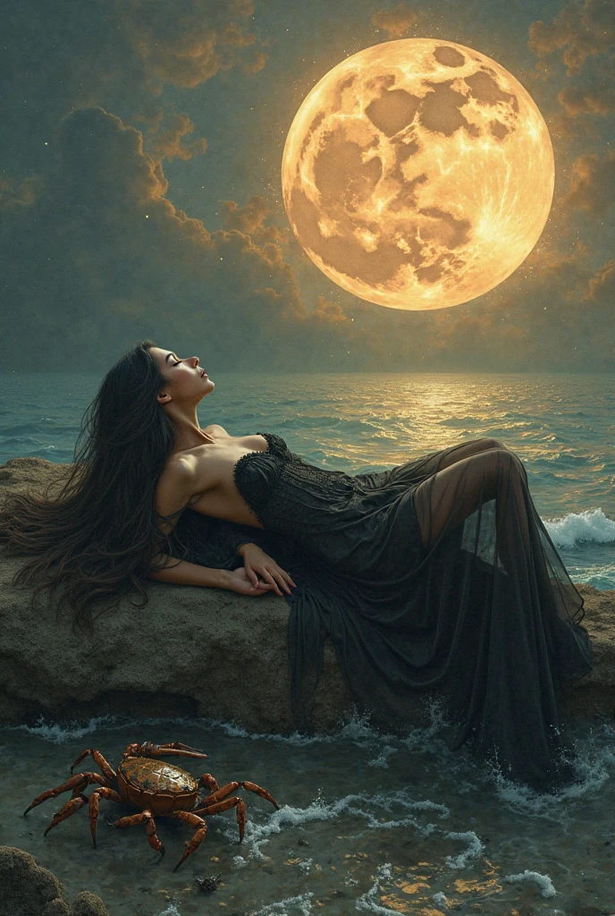 a girl sitting on a rock, chin up, look to the sky, howling to the moon, perfect face, perfect curved body, foot long hair, perfect legs, long dress, dark moon, dark background, moon background, UHD, intricate, stunning scene, best quality