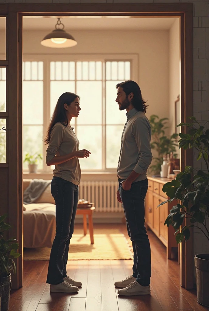 A 33-year-old man's house quite big and tidy With a 33-year-old man with long black hair and a woman talking