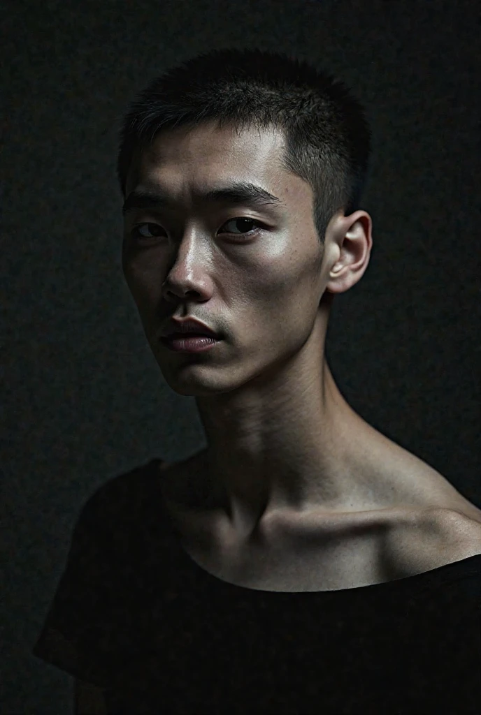 Show me an Asian man who is blindfolded and is surrounded by pitch black darkness. The color of the blindfold is ROYGBIV which symbolizes LGBT. Make the man close his eyes while being blindfolded but at the same time make his posture confident as well as the relaxation of his face.