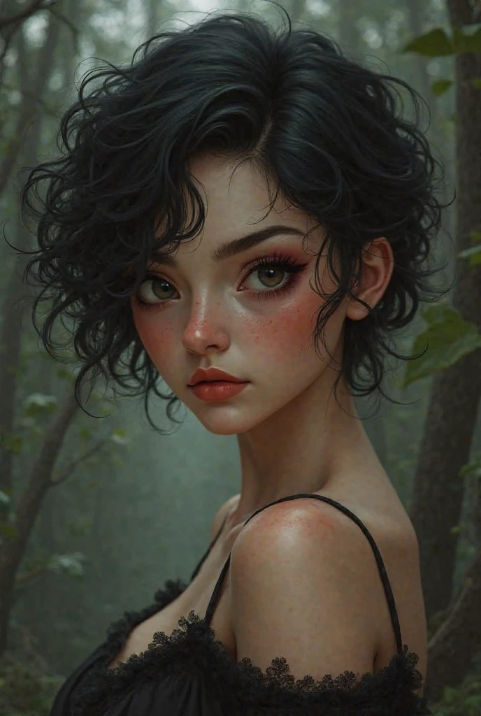 Create a woman with curly hair and a sad face