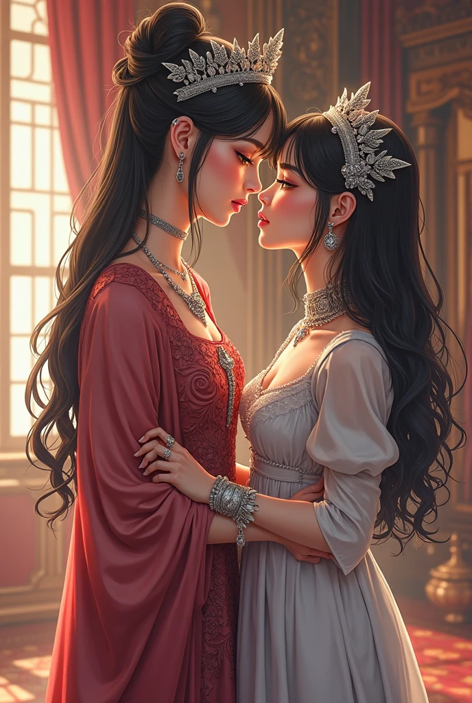 full body, fantasy illustration of a tanned Latina princess with brown eyes, princess in salmon dress, princess wearing salmon colored, princess has brown eyes, prince has hazel-green eyes, prince with hazel-green eyes, princess with black hair, black-haired princess, prince wearing red, prince with light brown hair, ethereal, detailed background, highres, romantic, realism, love, intricate details, magical atmosphere, kissing, romantic couple, fantasy, elegant, royal