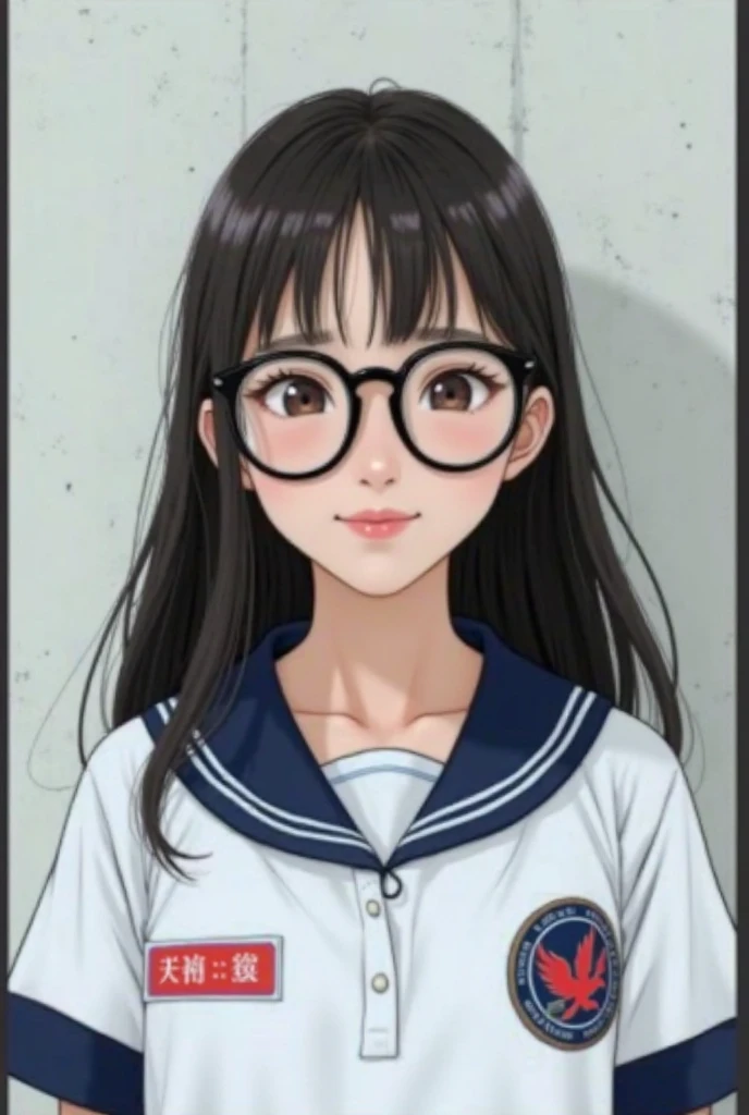 A girl with glasses with a round face in a high ponytail,Wearing a white sweatshirt, the letters CHINA on a black background are written in white on the chest,white skinned,Pursing his lips and smiling at the camera in a selfie, behind him is the desk,The desks were full of books, and there were laughing and joking classmates next to them --auto
