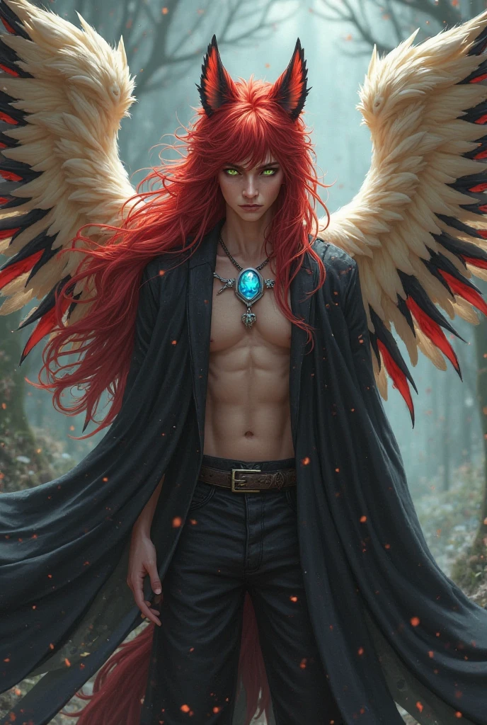 ((Mejor calidad)), ((obra maestra)), 8K (detallado), ((cara perfecta)), ((Medio cuerpo)) perfect proporcions, el es un angel guapo, he is 18 years old, he has long orange hair, el tiene alas de angel, el no esta usando ropa, pose sexy, he is in a room with red curtains, ((cara perfecta)) ((gothic atmosphere)) Medio cuerpo