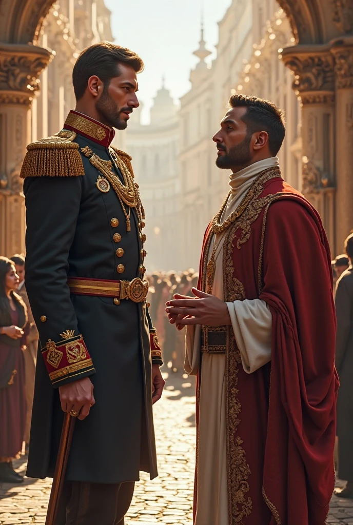 Create a dramatic scene depicting the ideological confrontation between the leaders of two medieval nations. In the center, two prominent figures—one representing England and the other France—stand facing each other with intense expressions. Each leader holds documents or scrolls symbolizing their claims and ideologies. Surrounding them, their advisors and nobles engage in animated discussions or debates. The background should feature a historic setting, such as a grand hall or an outdoor venue with banners and flags of both nations. The atmosphere is tense, with detailed period-accurate attire and expressions that convey the gravity of their conflicting interests, underscoring the deep-rooted ideological and political struggle of the era., Surrealism, Hyperrealism, UHD, retina, masterpiece, accurate, anatomically correct, textured skin, super detail, high quality, 16k
