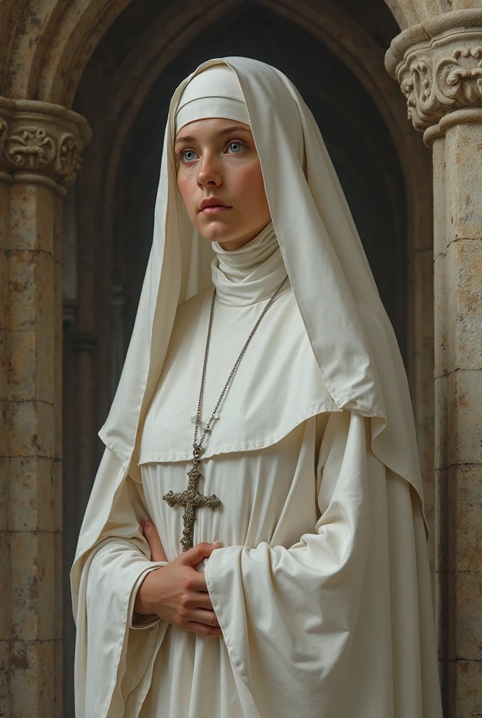 Albino girl with long white hair, from the realistic middle ages, blue eyes white nun clothes holding a rosary, in the church details.