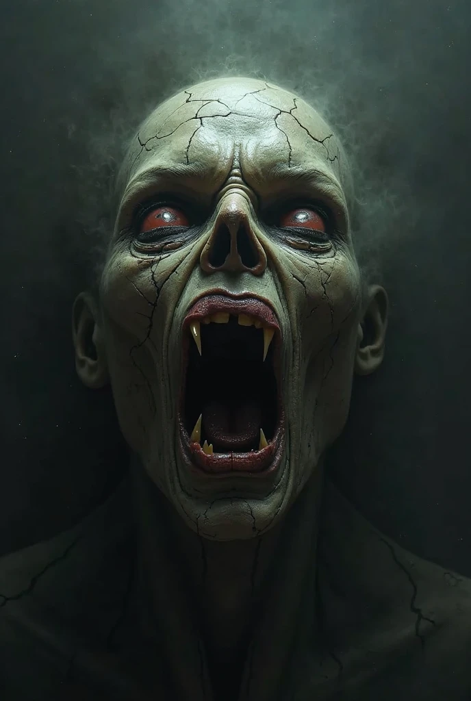 Create the image of a terrifying face with an expression of suffering in obscurity