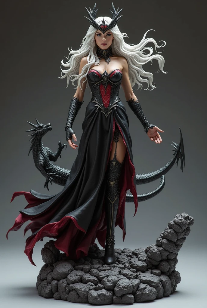 A cgi style image, like in games.
A woman in a black fabric dress.
long silver hair, sparkling violet eyes. Red mouth and thin lips, holding a scroll with the symbol of a red dragon.
The background of the scene is an iron throne.
anime styling