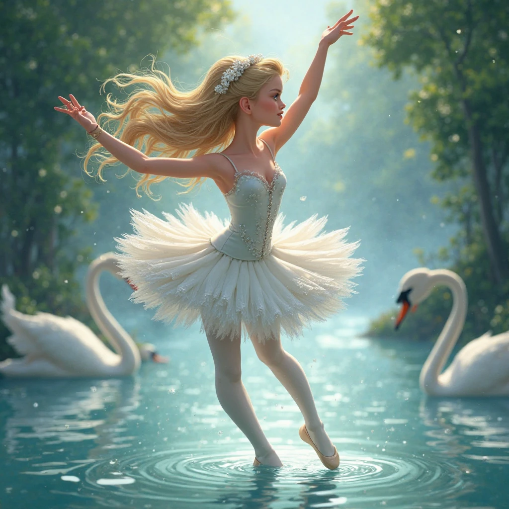 Little girl, Wear a white tutu, Dance Swan Lake on stage, Background Black,Stage lighting.