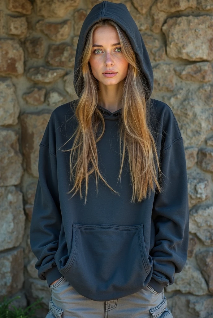 beautiful European girl with blue eyes and brown hair, she is in her most vulnerable, submissive position, she is wearing a black hoodie, she is wearing white sneakers and white jeans, ultra High resolution, (fotorrealista: 1. 4), High resolution, (finely detailed skin), (blue eyes), (perfect proportions) (realistic photos) (masterpiece) (fotorrealista), ultra-realistic (Best quality) (detailed) photographed with a Canon EOS R5, 50mm lens, f/2.8, (8k) (Wallpaper) (cinematic lighting) (dramatic lighting) (complex) fashion, behind her there's a very clear view of the sea because it's a villa overlooking the sea. The view of the sea is as clear as the view of the woman.