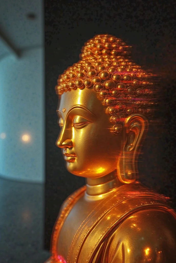 <lora:zyd232_BuddhaStatue_v1.1:0.8>, buddha statue, (metal:1.5), smooth, upper body, (light disk behind head:2), bright, ray tracing, (cyberpunk:1.6), (photorealistic:1.4), (best quality:1.0), (ultra highres:1.0), 8k, RAW photo, (masterpiece:0.2), ultra-detailed, 1male, portrait, detailed skin, (half closed eyes:1.2), sitting