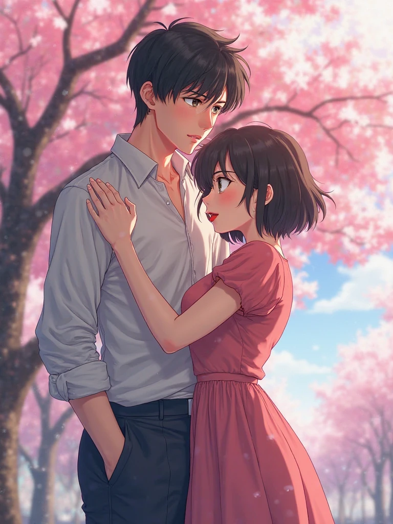 girl and guy hugging, against the background of sakura, anime style