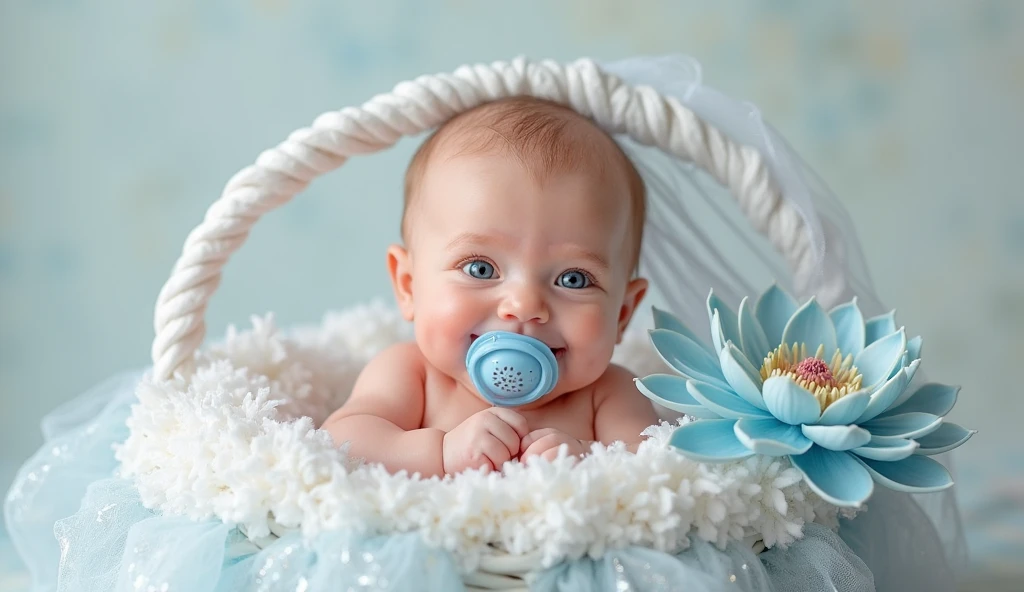 on a light background, Funny Newborn Baby , rosy-cheeked, Very fat, The eyes are blue, smiles and looks at the viewer, holds a pacifier, in a white basket, snow-white on the sides , transparent blue lace, frill, next to a blue flower of a white lotus, covered with a transparent veil, a transparent pink on the side of the head , 8 K (masterpiece), ((top quality)), (super detailed), arms and legs folded funny, makes you smile , holds a blue pacifier,