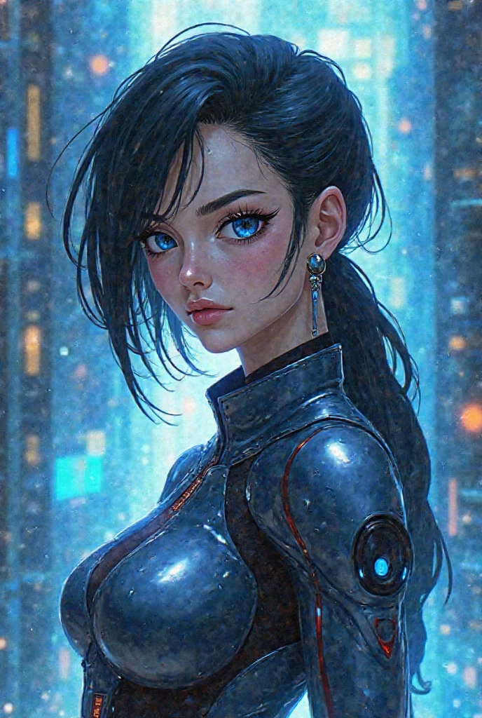 a high resolution, ultra-detailed, photorealistic portrait of a beautiful, nerdy 1 girl, female, solo, with short black curly hair tied in a ponytail, wearing a blue Vault suit from Fallout 4 with lots of details and slits, in a nuclear wasteland background with scattered ruins, masterpiece, 8k, hdr, shallow depth of field, broad lighting, high contrast, backlit, sharp focus, raw color photo, looking at the camera, cold colors, dynamic poses, in the style of Fallout 4, detailed facial features, blue eyes, beautiful face, pretty eyes, iris lining, thin lips, slim, pale and sharp eyebrows, long dark eyelashes, double eyelashes, inspired by Ella Purnell