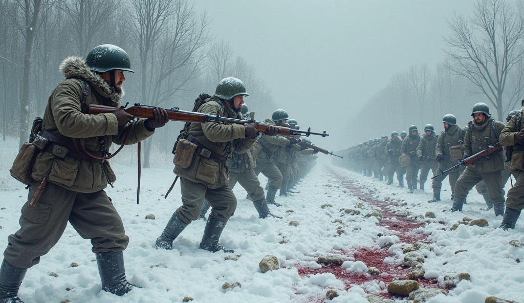 In the snowstorm.Coniferous forest.Fighting with guns.ww2.color々It's exploding somewhere.Germany is fighting against the Soviet Union.large crowd of people.fierce battle.many bullets flying around.heavy snow.Everyone is shooting each other with guns..It's exploding everywhere.scared.There is a blizzard wind.Everyone is fighting and has guns..war.苦しいwar.とても大きいwar.1000There are about 10,000 people.Expressing pain and cruelty