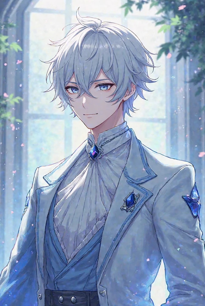 Please create a character in the style of Honkai Star Rail. guy, with white hair that is not very long, with gray eyes, beautiful. To be dressed in shades of white and blue