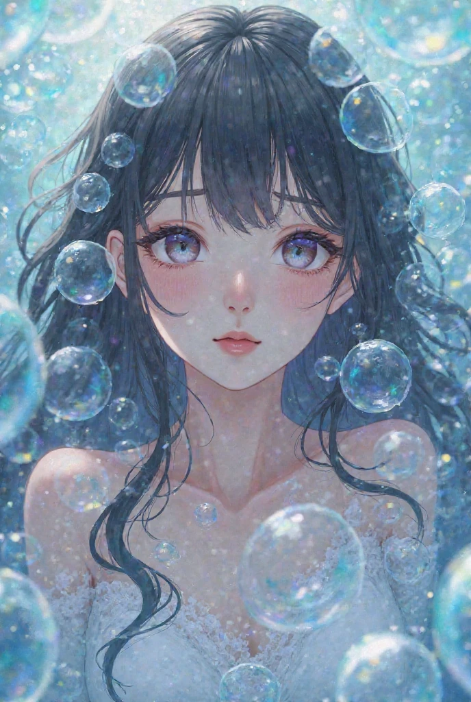 double exposure, fisheye lens, raw photo:1.2, masterpiece, highest quality, 16k, unbelievably absurd, very detailed, perfect beauty, beautiful cute mermaid, jet black bob cut, straight hair, blunt bangs, long  sideburns, wet hair, vibrant colors, ultra-realism:1.2, middle breasts, iridescent scales, swimming in a ocean, full of jellyfishes in ocean, water  bubbles, girl look up, hands on cheek, shy face, mirror effect:1.2,