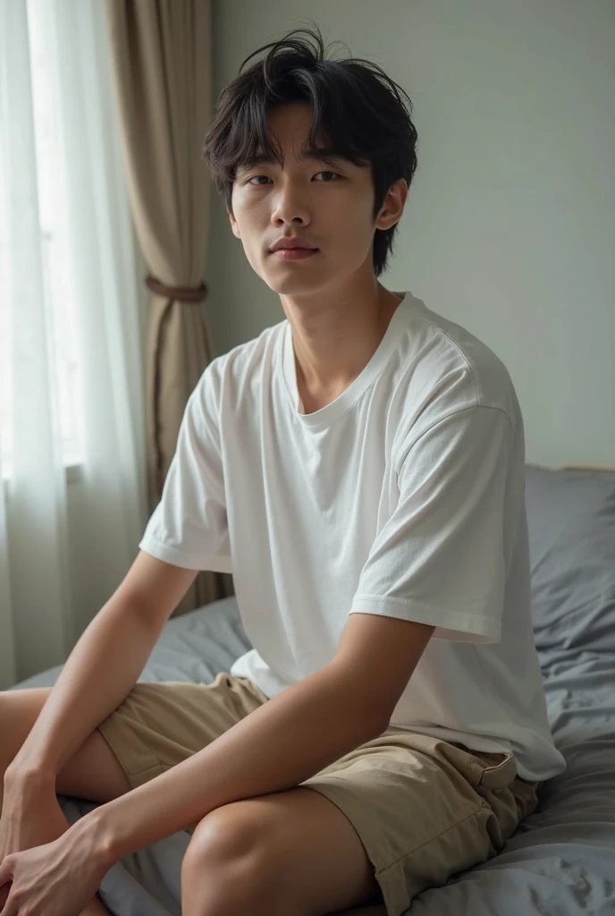 ((Highest quality, 8K, Masterpiece: 1.3))、Cool Korean guy, 1A man who has、 yo、Good appearance、Beautiful nose、smile、 Detailed eyes and face、beautiful light、(studio)、high resolution、(Look at the viewer.)、Fine mouth、smile、whole body: 1.5, perfect shape: 1.3, Picture of both shoulders:1.3, Gray round neck t-shirt:1.5