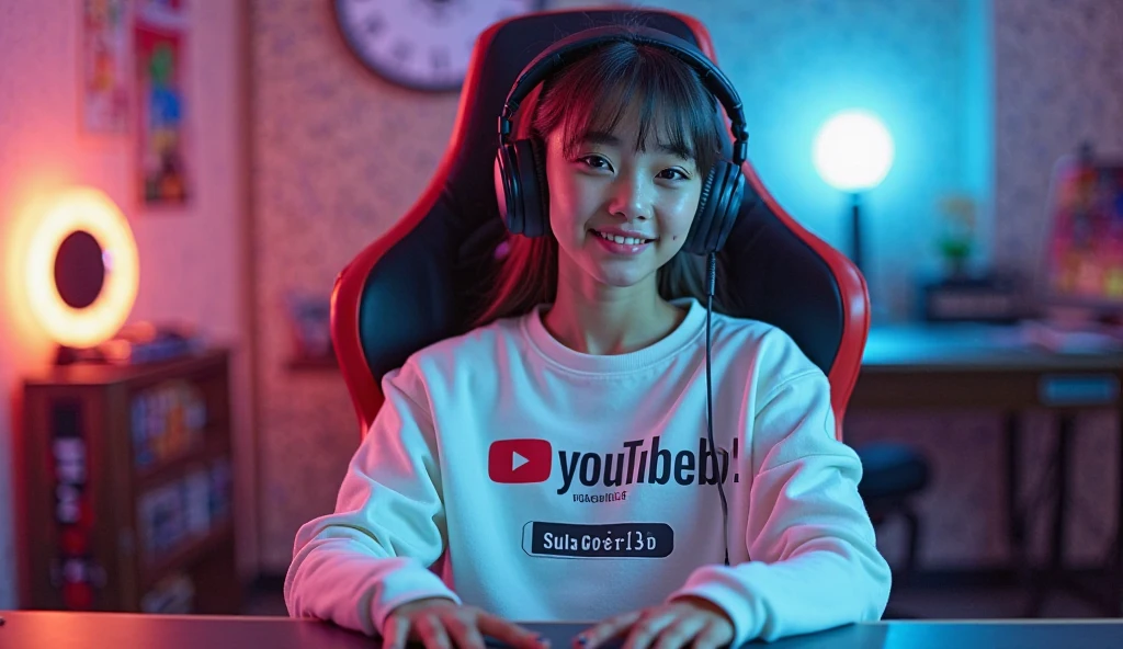 Cute video game streamer girl sitting in her gaming chair, looking at camera, smiling, innocent, naive, fresh faced baby skin unblemished, otaku class president, carefree, happy, ultrahd, fresh and beautiful, streaming online