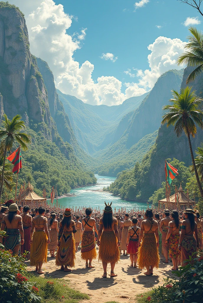A vibrant and detailed representation of Brazil's diverse ethnicities. The image should include people of various ethnic backgrounds—Indigenous, Afro-Brazilian, European, and Asian—standing together in a circle, holding hands. Each individual should be wearing traditional clothing that represents their cultural heritage, with intricate patterns and bright colors. The background should depict a blend of Brazilian landscapes, including the Amazon rainforest, urban cities, and coastal beaches, to highlight the country's rich geography. The overall mood should be one of unity and celebration, with a warm, golden light illuminating the scene.